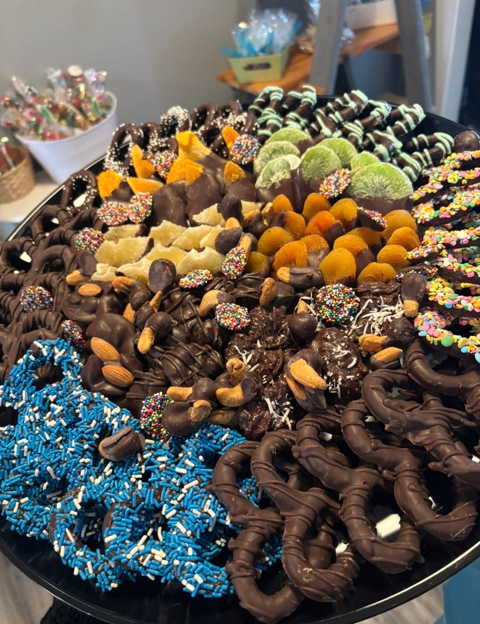 Round tray filled with assorted chocolates
