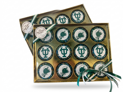 A box of chocolate dipped oreos with the tulane university logo
