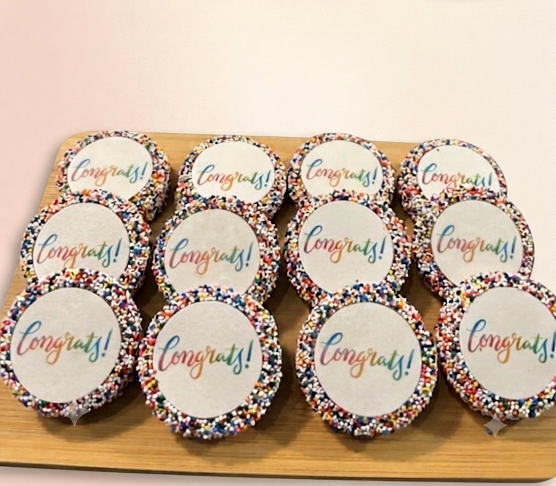 A tray of chocolate dipped oreos with a congrats message