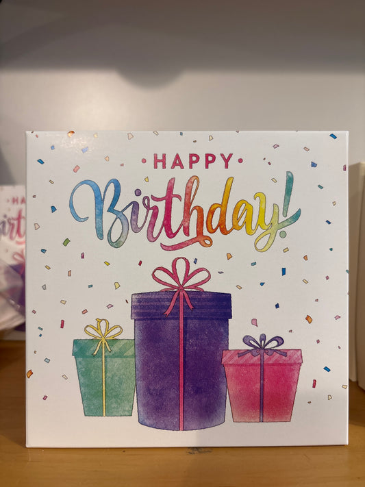Box that says Happy Birthday with colorful presents