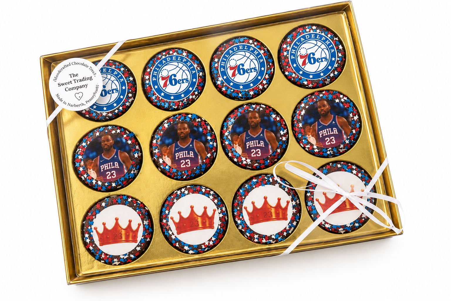 gift box of chocolate dipped oreos with sixers logo and lebron james image