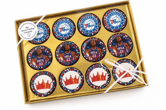 gift box of chocolate dipped oreos with sixers logo and lebron james image